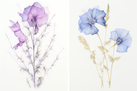 Set of blue flowers on white background. Flat lay, top view.の素材