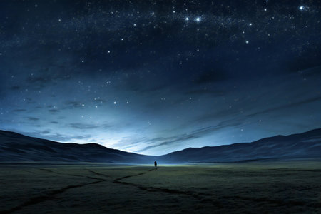 Fantasy landscape with a lonely man walking on the road at nightの素材