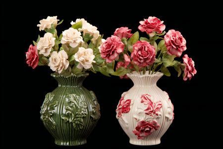 Three vases with red and white roses on a black background.の素材