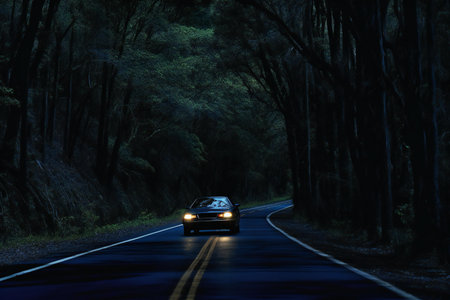 car on the road in the forest at night, long exposure shotの素材