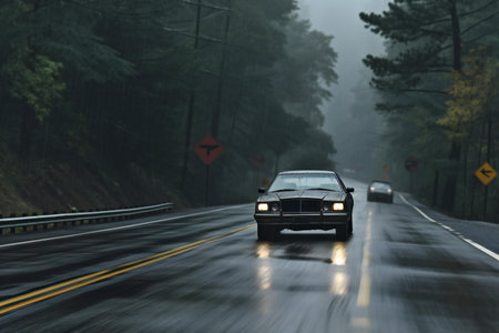 Car driving on the road in the foggy forest, motion blurの素材