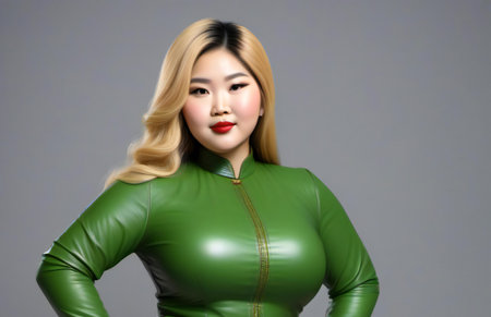 Portrait of a beautiful asian woman in a green latex costumeの素材