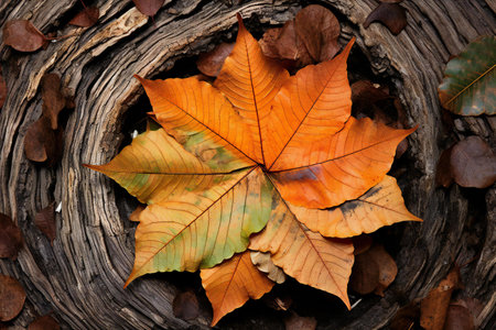 Autumn leaves on a tree stump, close-up. Autumn backgroundの素材