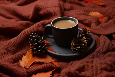 Cup of coffee with autumn leaves on plaid, closeupの素材