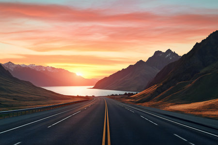 Highway in the mountains at sunset. Landscape with road.の素材