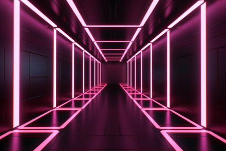 Futuristic corridor with glowing neon lights.の素材