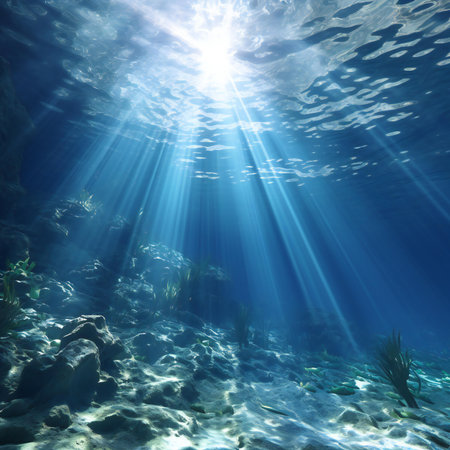 Underwater scene with sunbeams and corals in the seaの素材
