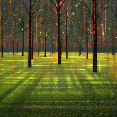 Fantasy landscape with trees, grass and bokeh lights.の素材
