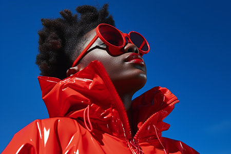 Beautiful african american woman with afro hairstyle wearing red raincoat and sunglassesの素材