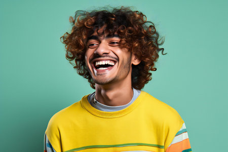 Portrait of a happy young man laughing and looking at camera isolated over green backgroundの素材