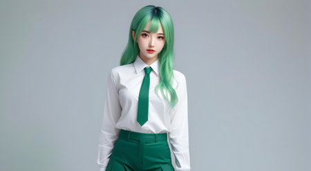 Portrait of a beautiful young asian woman with green hair on gray backgroundの素材