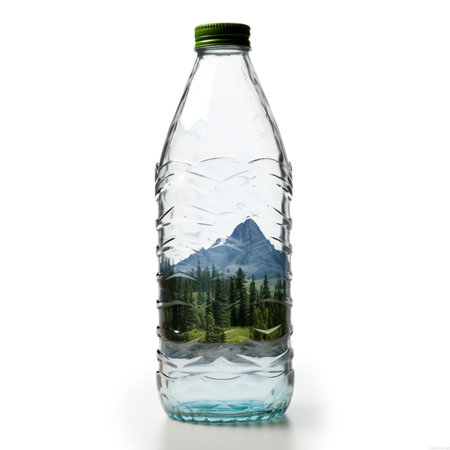 Plastic bottle with mountain landscape on white background.の素材