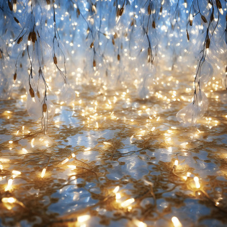 Reflection of tree branches in puddle with bokeh effectの素材