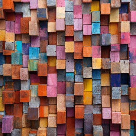 Colorful wooden wall background. Abstract background with colorful wooden blocks.の素材