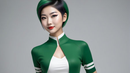 Beautiful asian woman in green costume posing on gray background.の素材