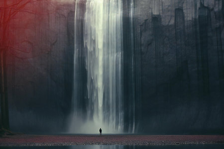 Silhouette of a man standing at the edge of a waterfall on a foggy dayの素材