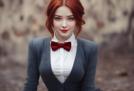 Portrait of a beautiful young woman with red hair and red bow tieの素材