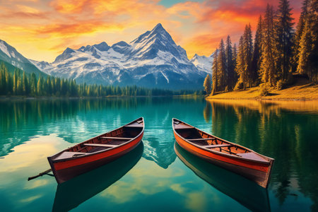 Mountain lake and boat at sunrise. Beautiful landscape with mountains.の素材