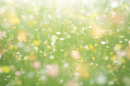 Spring meadow with daisies. Beautiful nature background. Soft focus.の素材