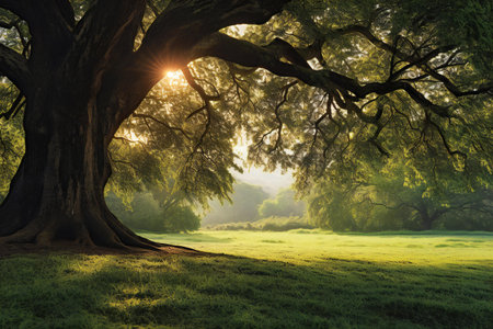 Old oak tree in the park with sun rays. Nature background.の素材