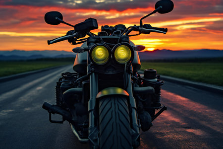 Motorcycle on the road at sunset. Biker travel concept.の素材