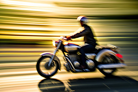 Motorcyclist on the road in motion blur, abstract background.の素材