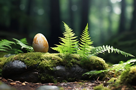 Easter egg and fern on mossy stone in green forestの素材