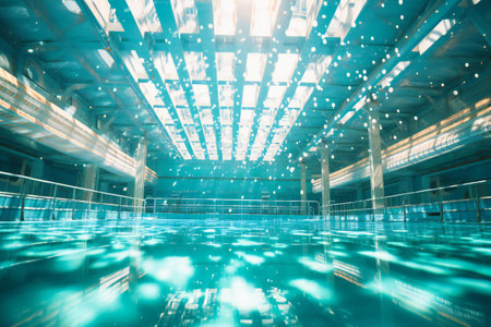 Swimming pool in a modern building with blue lights and reflections.の素材
