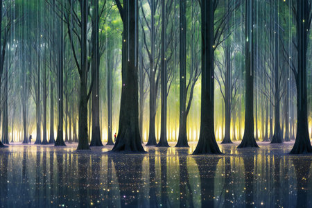 Trees in a misty forest with reflection in a puddleの素材