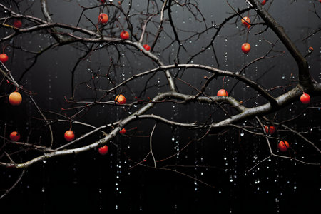 Branch of a tree with red fruits and raindrops on a black backgroundの素材