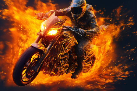 Motorcycle racer in a helmet on a motorcycle in the flames.の素材
