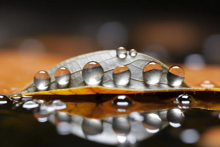 Water drops on a leaf after rain, shallow depth of field.の素材