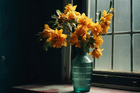 Bouquet of yellow flowers in a vase on the windowsillの素材