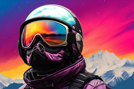 Snowboarder in helmet and glasses on the background of the mountainsの素材