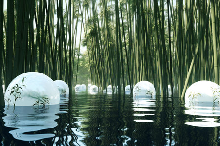 Bamboo forest with snow and reflection in the waterの素材