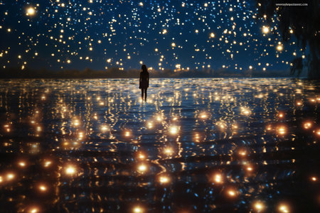 Man standing on a frozen lake with reflections of stars in the waterの素材