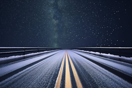 Winter landscape with snow covered road and starry sky.の素材