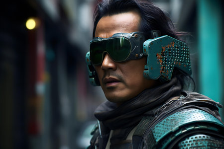 Portrait of a futuristic man in an aviator helmet and gogglesの素材