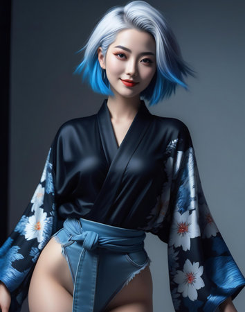 Beautiful asian woman with blue hair wearing a kimonoの素材