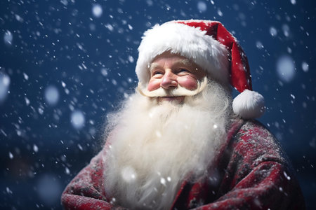Portrait of happy Santa Claus in red coat and hat against snowy backgroundの素材