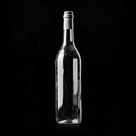 Empty wine bottle isolated on black background. Alcoholic drink. Close up.の素材