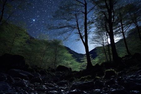 Beautiful night landscape image of milky way in forest with starry skyの素材