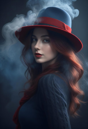Portrait of a beautiful red-haired girl in a hat.の素材