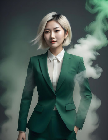 Portrait of beautiful asian businesswoman in green suit with smokeの素材