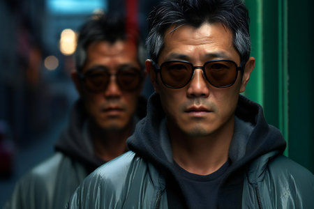 Portrait of two Asian men wearing sunglasses and looking at camera.の素材