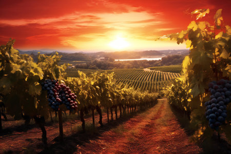 Vineyard with red and white grapes at sunset in Tuscany, Italyの素材
