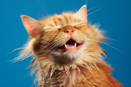 ginger maine coon cat on blue background close-upの素材
