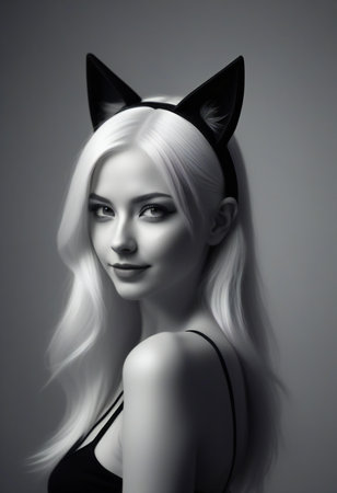 Fashion portrait of beautiful woman with white hair and black cat headbandの素材
