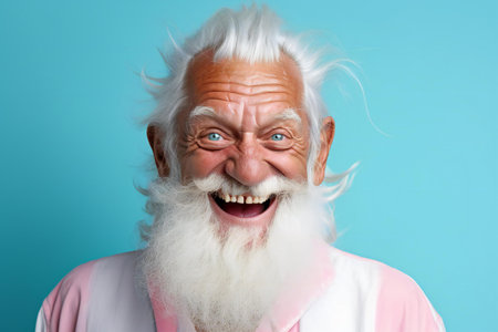 Portrait of happy senior man with white hair and beard on blue backgroundの素材