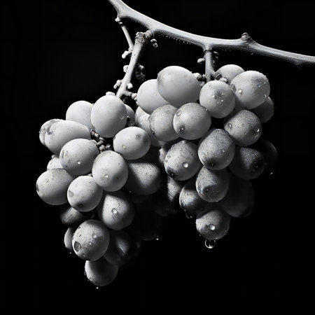 Black and white grapes on a black background with water droplets.の素材